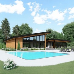 Fototapeta premium modern luxury villa with curved architecture, large glass windows, infinity swimming pool, and lush green surroundings under a bright blue sky