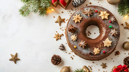 Festive Chocolate Cake with Star Decorations and Pine Cones for Holiday Celebrations
