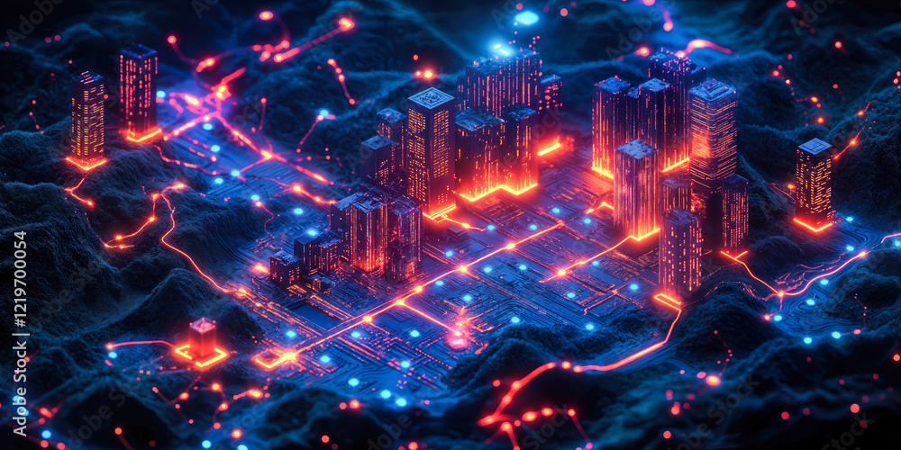 Poster futuristic cityscape with glowing neon lights visualizing open-source navigation concepts