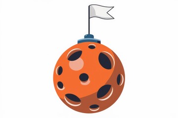 A cartoon illustration of a cratered orange planet with a flag planted on top.