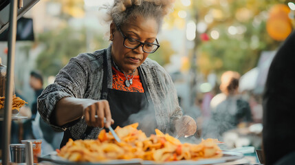 Vibrant Woman Chef Serving Delicious Tortilla Chips at Outdoor Street Food Fair