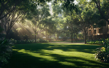 Obraz premium Morning light filters through a tranquil public park, illuminating a lush green grass field and creating a peaceful ambiance
