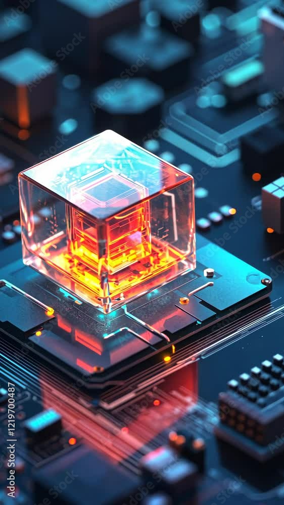 Poster digital circuitry with a glowing crystal component illuminating the motherboard in a futuristic sett