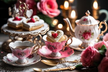 Fototapeta premium A delightful Valentine's tea party scene with heart-shaped cookies, teacups, and roses.