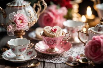 Fototapeta premium Elegant tea party scene with heart-shaped pastries, delicate china, and pink roses.