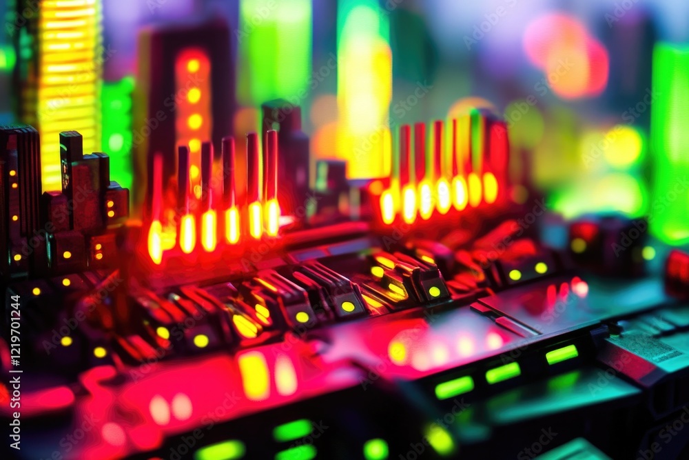 Poster a city landscape viewed through a computer keyboard, perfect for abstract or futuristic concepts