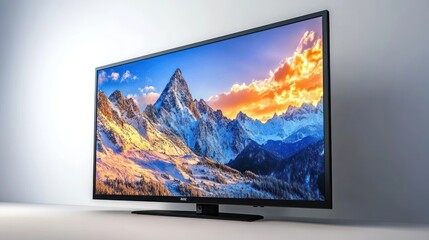 Fototapeta premium Stunning Mountain Landscape Displayed on a Modern Flat-Screen Television