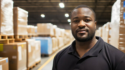 Obraz premium Portrait of Smiling African American Warehouse Worker in Polo Shirt Managing Inventory and Stacking Boxes in Modern Logistics Facility