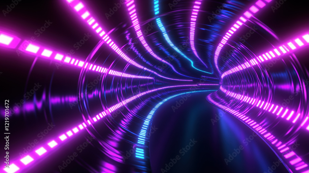 Poster futuristic glowing tunnel with vibrant pink and blue neon light patterns forming dynamic curves, cre