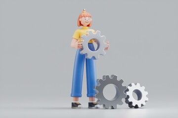 Naklejka premium A 3D cartoon character holding a gear signifying teamwork and mechanics.