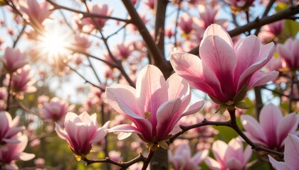Pink magnolia blossoms on tree branches glowing in sunlight.
