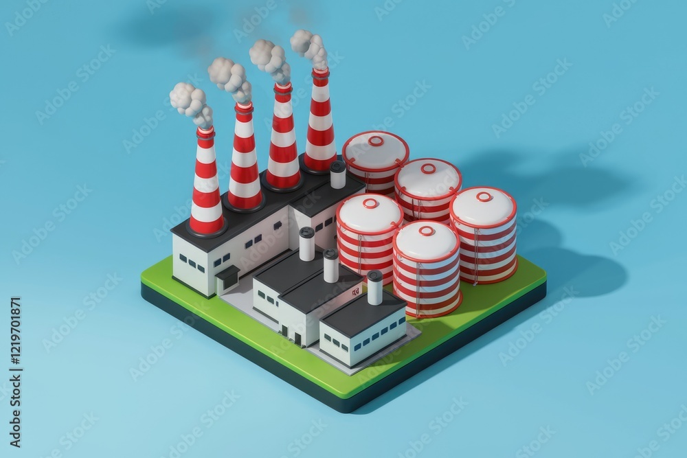 Poster a low poly 3d rendering of a factory with smokestacks and storage tanks.