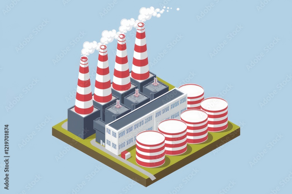 Poster isometric view of a factory with smokestacks and storage tanks.