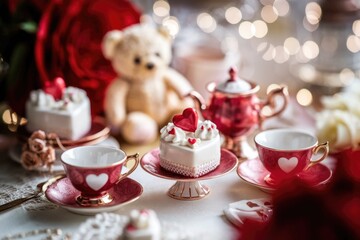 Fototapeta premium Romantic Valentine's Day tea party scene with heart-shaped cakes, teddy bear, and red teacups.