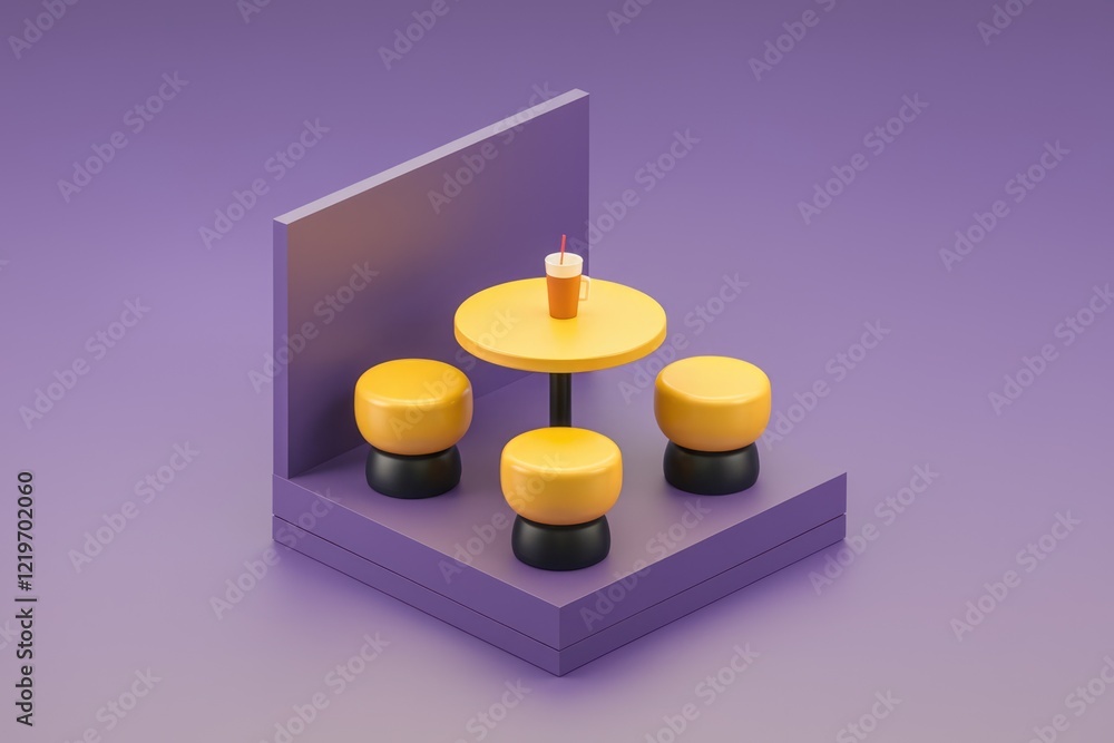 Aufkleber minimalist 3d render of a simple coffee table and three stools.