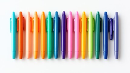 A Row of Colorful Pens on White Background