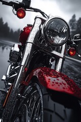 Fototapeta premium A motorcycle parked on a wet road with water puddles and reflections