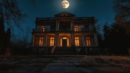 Fototapeta premium Old, decrepit mansion on a hill under a full moon, shadows cast across the windows, horror setting 