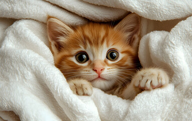 Orange tabby kitten on a white blanket, gazing at the camera with wide, curious eyes