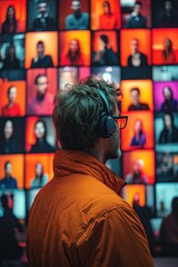 Obraz premium Man in orange jacket, headphones, watching video wall.