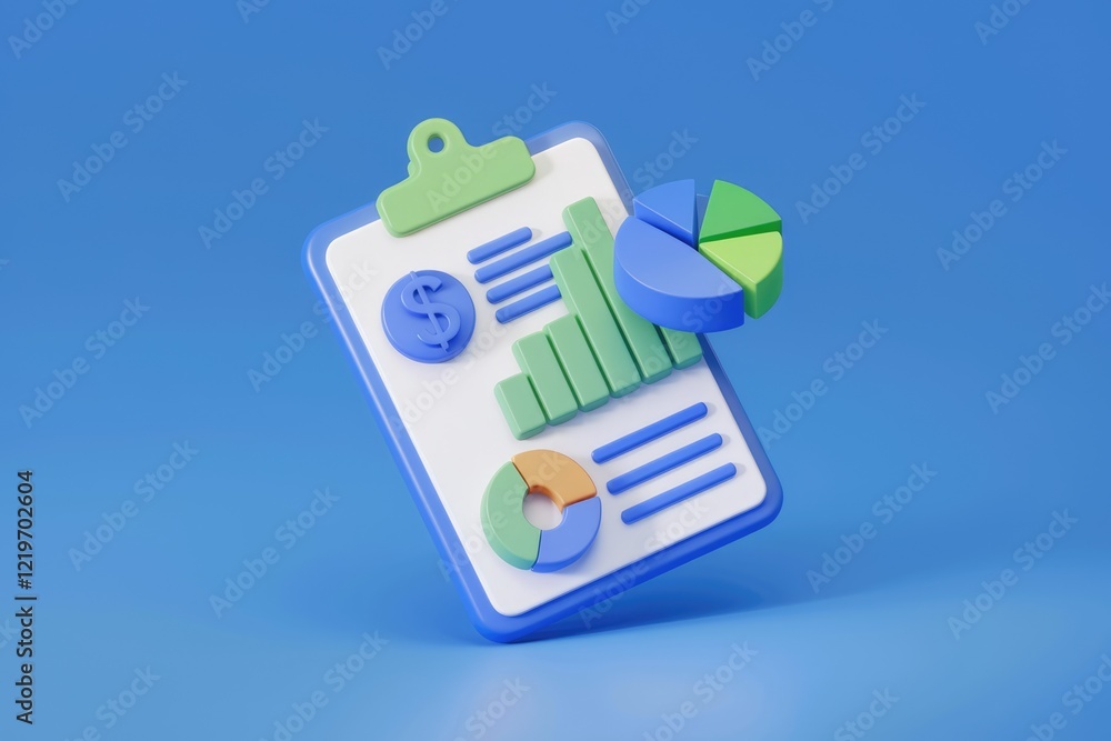 Aufkleber 3D rendering of a clipboard showing financial data charts and graphs, illustrating business analytics.