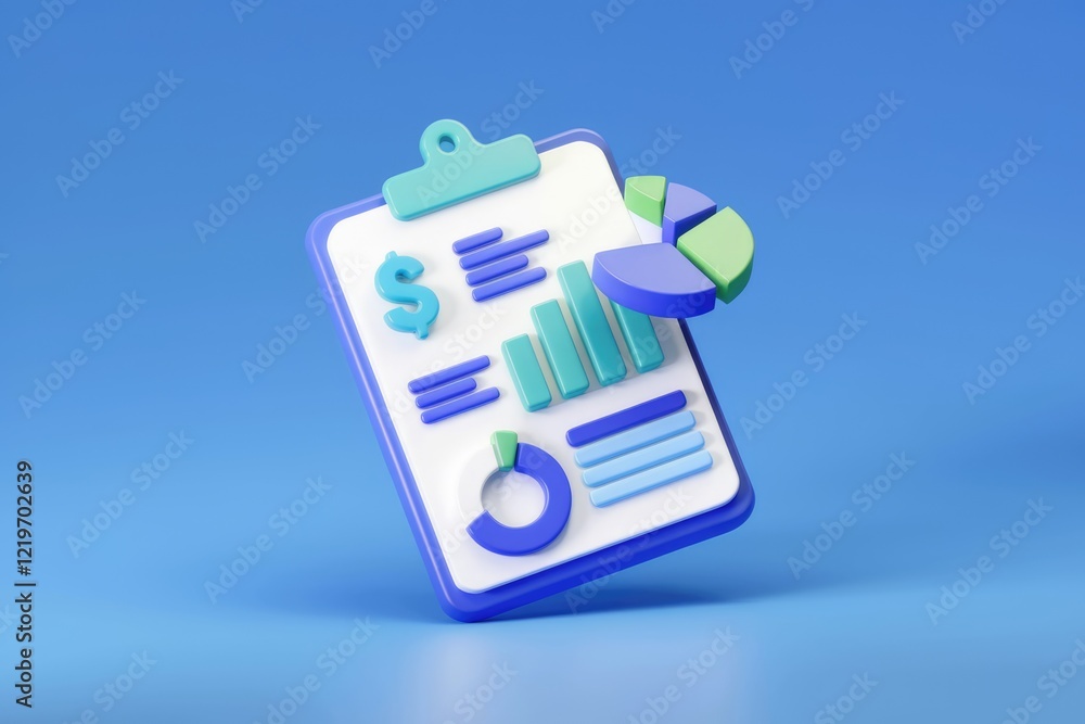 Poster 3D rendering of a clipboard displaying financial data, charts, and graphs.