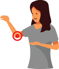 Young woman showing her painful elbow, suffering from arthritis or elbow tendonitis