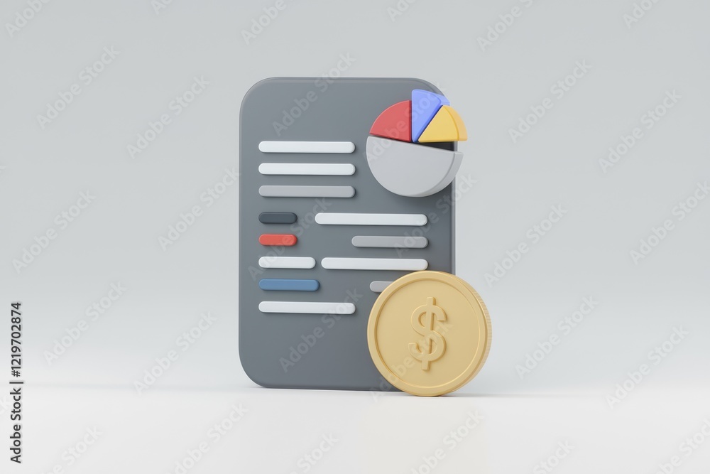 Poster financial report displayed on a phone screen with a pie chart and a gold coin, symbolizing business 
