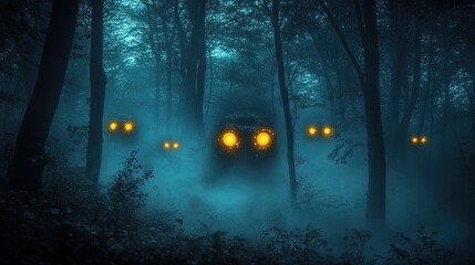 Nighttime forest with strange glowing eyes peering out from the darkness, unsettling and mysterious 