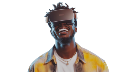 Smiling Young African American Man in VR Headset Experiencing Fun and Adventure in Modern Gaming Culture