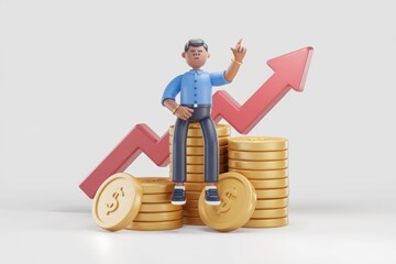 A 3D cartoon man sits atop stacks of gold coins, celebrating financial growth indicated by a red upward arrow.