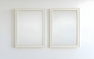 Fototapeta premium Pair of landscape-oriented picture frames hung symmetrically in a bright, minimalist white bedroom