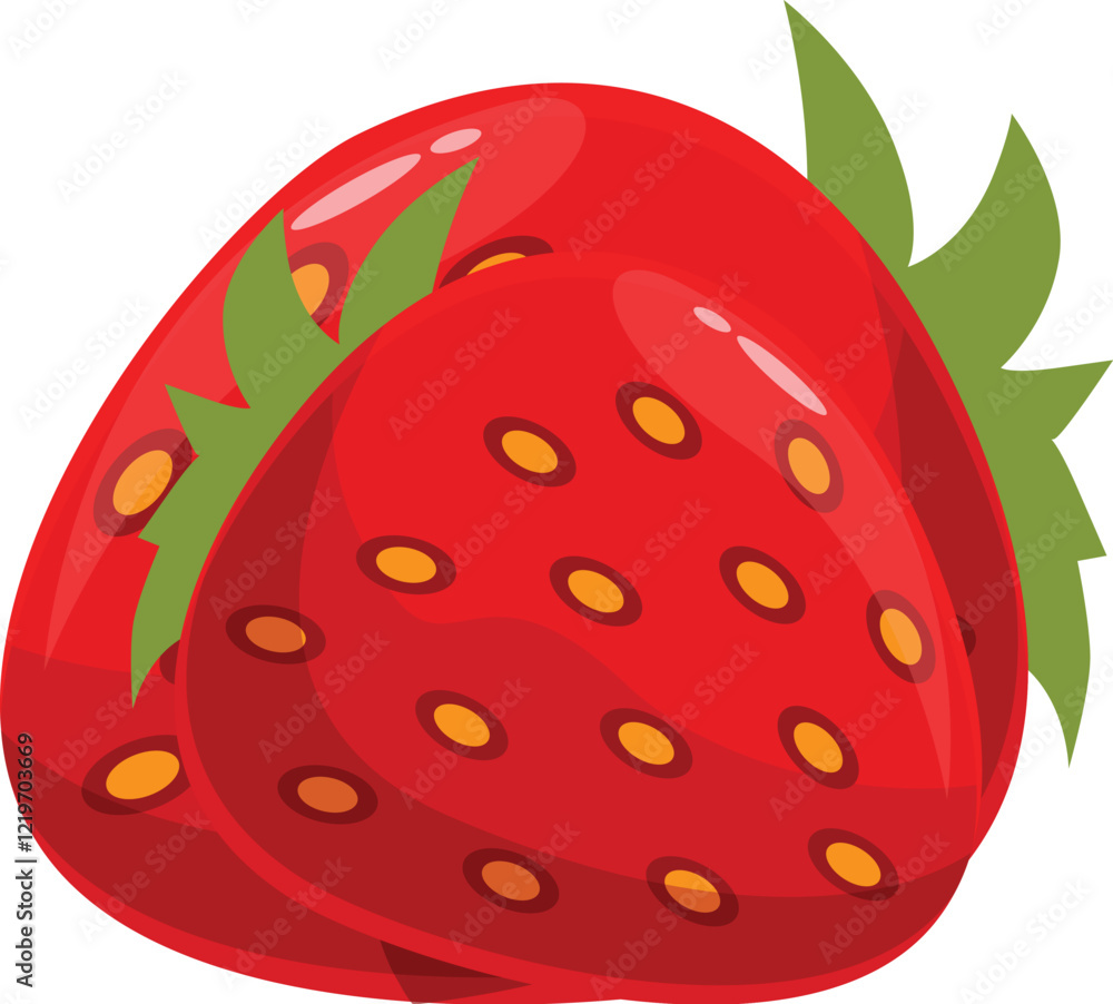 Poster two overlapping strawberries with visible seeds and green leaves, creating a vibrant and appetizing 