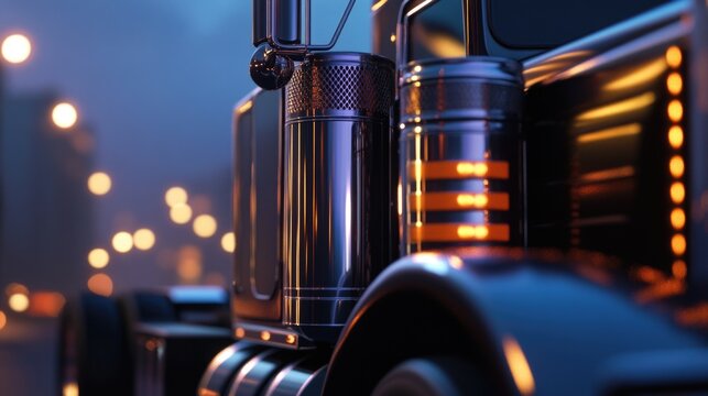 A close-up view of a semi-truck parked on the side of the road at night, its lights illuminating the dark surroundings