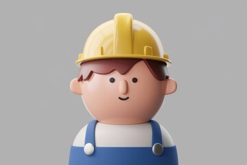 A cheerful 3D cartoon construction worker, wearing a yellow helmet and blue overalls.