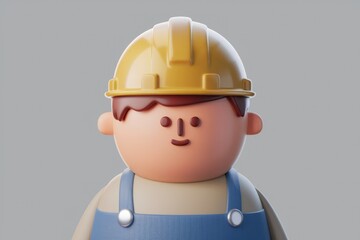 A 3D cartoon illustration of a smiling construction worker wearing a yellow hard hat and blue overalls.