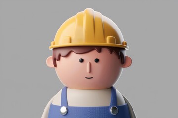 A cute 3D cartoon construction worker, wearing a yellow hardhat and blue overalls.