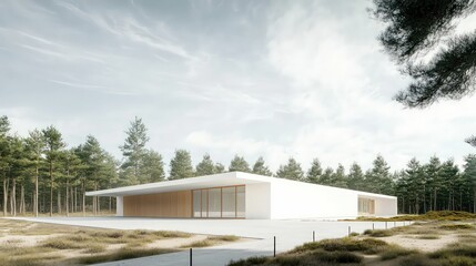 Obraz premium modern white villa with minimalist architecture, lush green landscaping, wooden accents, and a spacious front yard in a serene urban setting