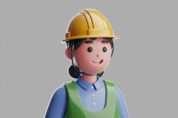 A cheerful 3D cartoon of a female construction worker wearing a yellow hard hat and green apron.