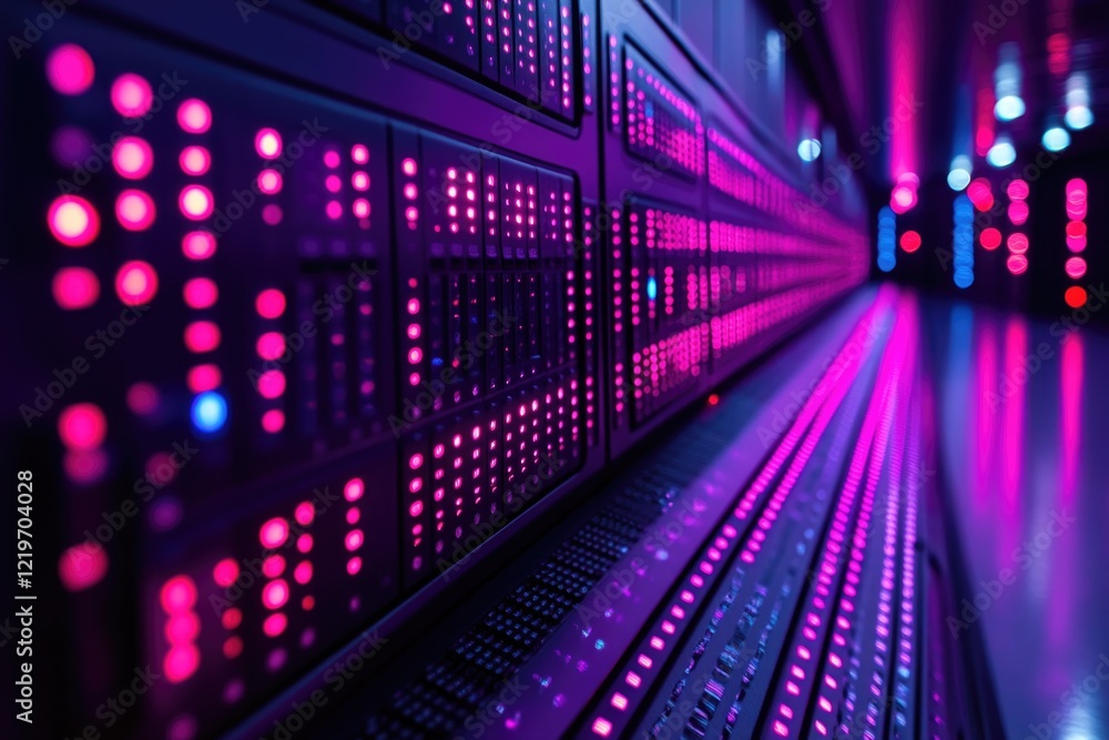 Poster a rack of computer servers illuminated by pink and blue led lights, suitable for use in data centers