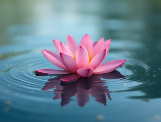 A single pink flower floating gently on rippling water is perfect for spa, wellness and relaxation designs.