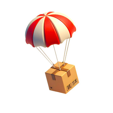 3d Cardboard box with flying parachute icon. Minimal Parcel box or shipment package with hot air balloon. Cargo delivery service, Online Shopping concept simple white background.