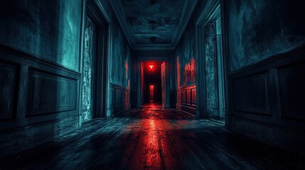 Obraz premium Empty, dark hallway with flickering lights and mysterious shadows, horror atmosphere, unsettling feeling 