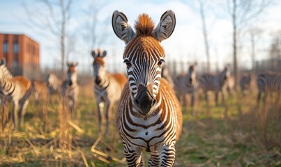 Naklejka premium Young zebra close-up, herd in background.