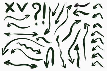 Grunge hand drawn vector arrows, freehand brush paint, isolated on white background.