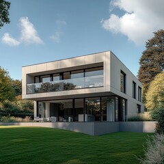 modern luxury villa with minimalist architecture, large glass windows, sleek facade, and a lush green lawn in a serene natural setting