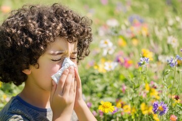 Fototapeta premium A young boy blowing his nose in a field of colorful flowers, a simple moment caught on camera