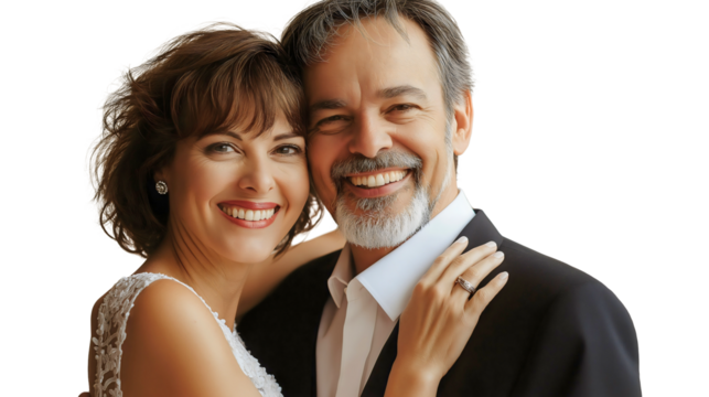 Joyful Embrace of a Smiling Middle-Aged Couple Celebrating Love in Casual Clothing