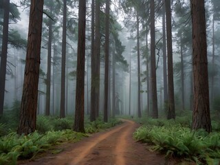 Obraz premium Misty Forest Path Redwood Trees Foggy Trail Nature Scene