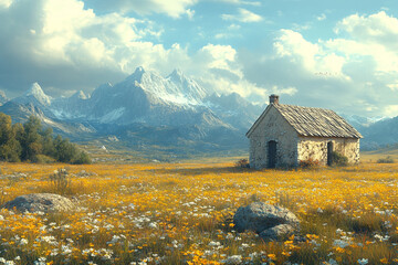Stone Cottage Meadow Mountain Landscape